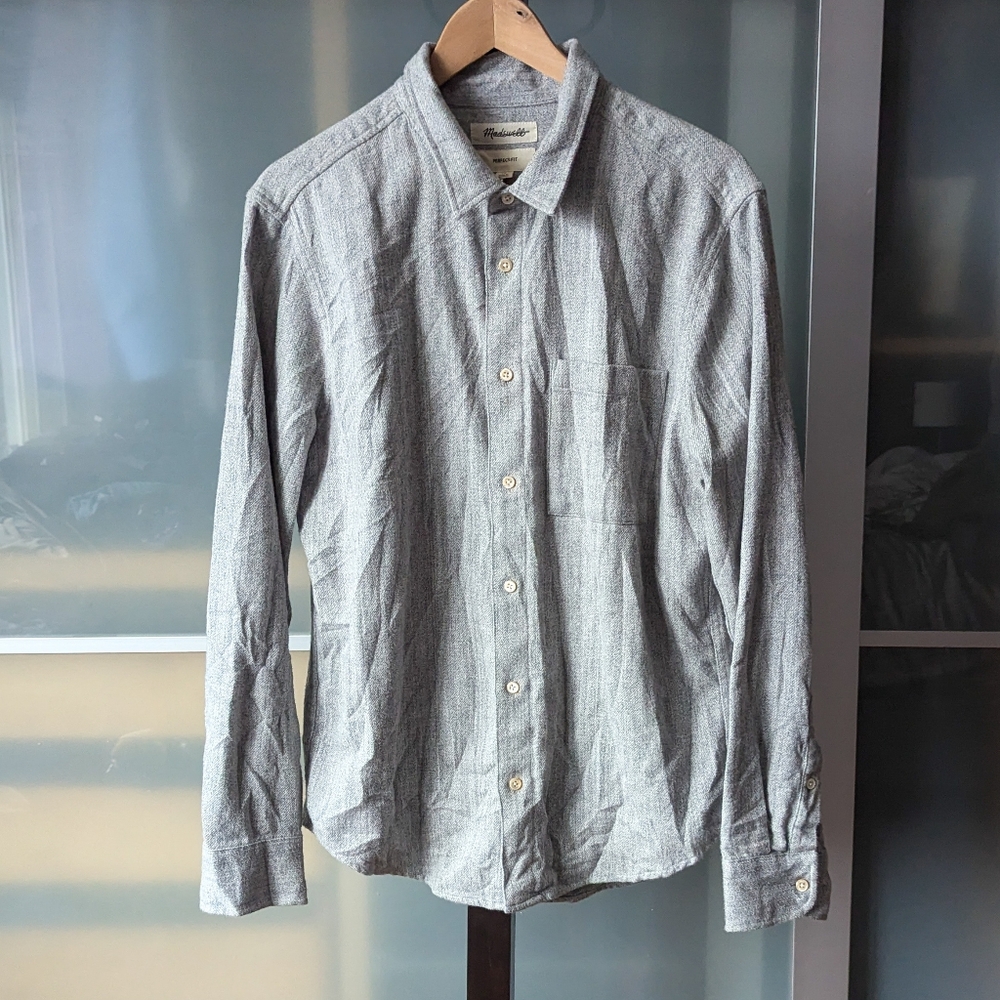 Men's Madewell Perfect Fit Button Up Flannel Shirt Gray Long Sleeve Cotton - M